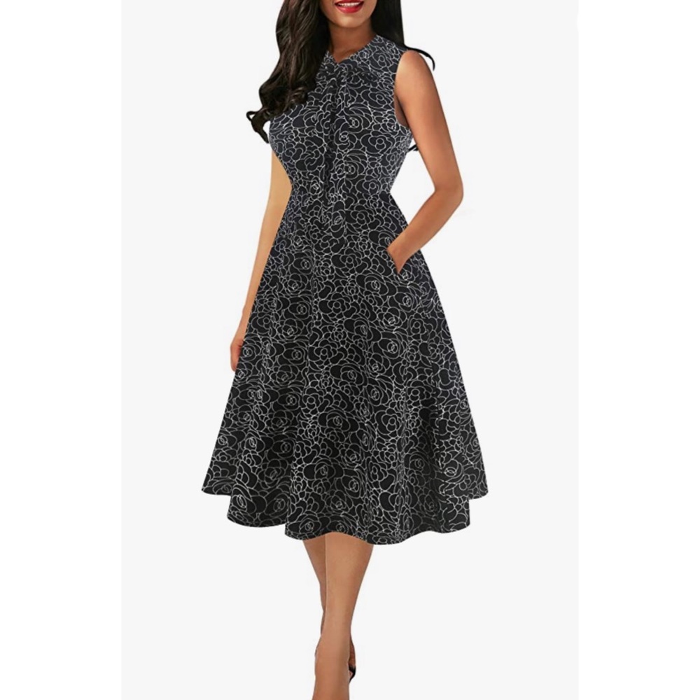 Stretch Knit Floral Tie Neck Sleeveless Tank Dress
